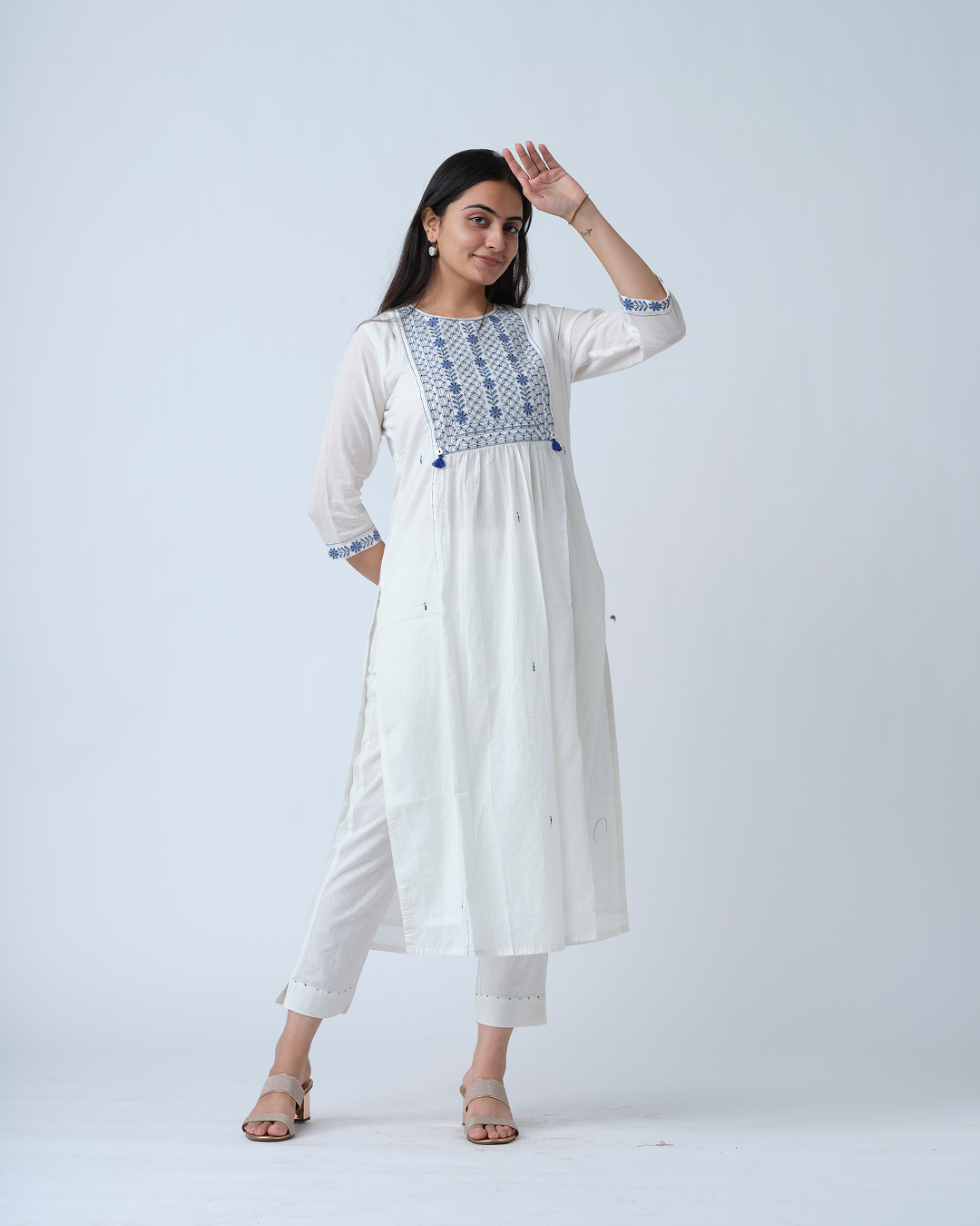 White Stright embroidered Kurta set with trouser