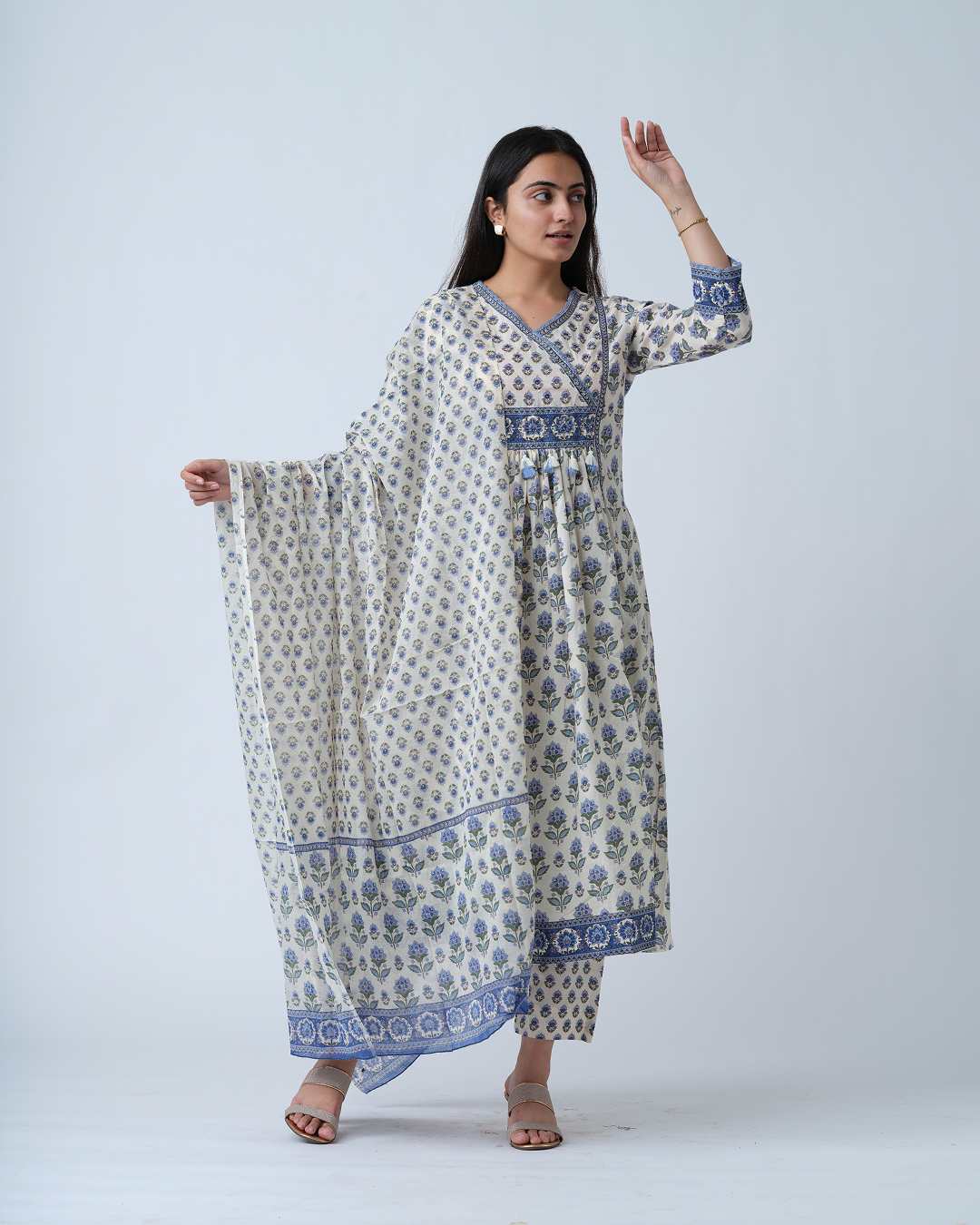 White Printed Anarkali Kurta set With Dupptta