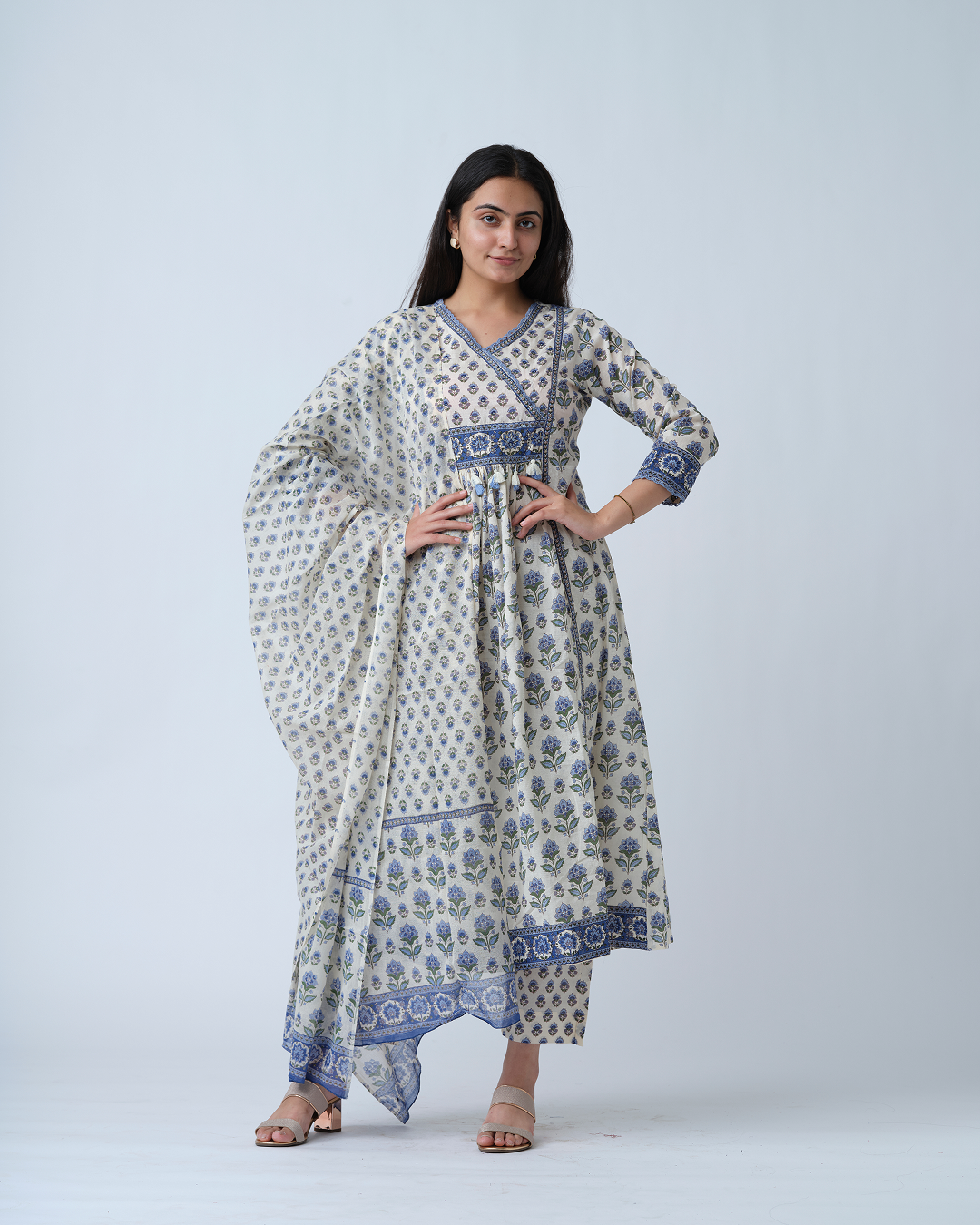 White Printed Anarkali Kurta set With Dupptta