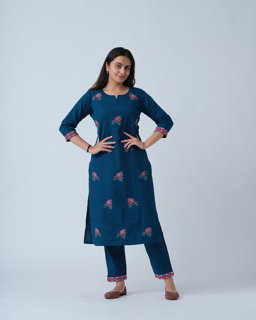 Blue embroidered Stright Kurta with Pant