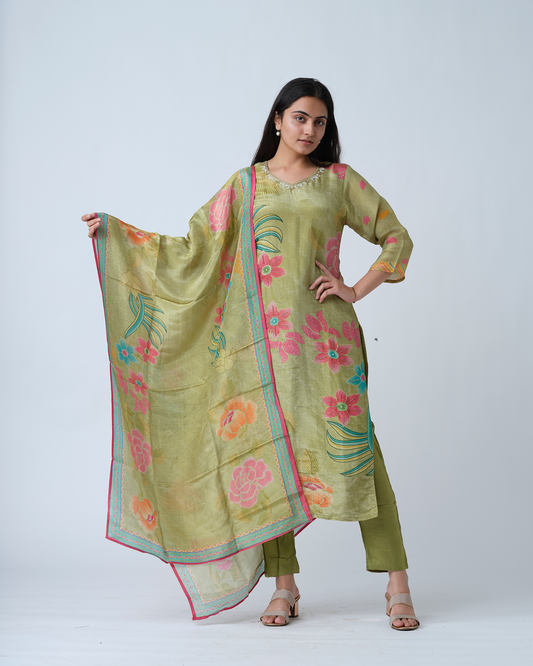 Green Printed pearl embroidered Kurta set with Dupptta