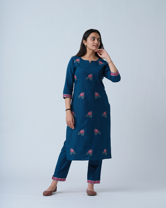 Blue embroidered Stright Kurta with Pant