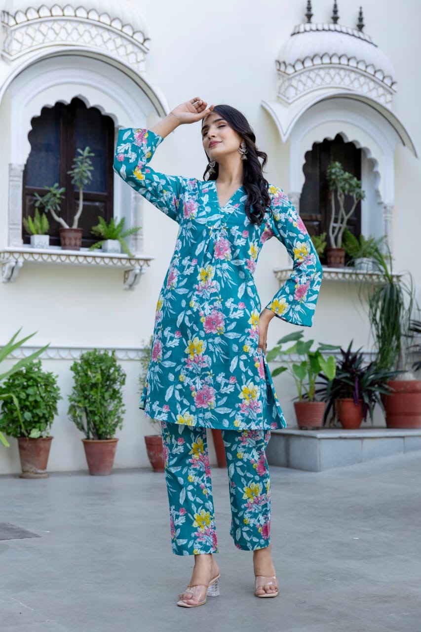 Blue flower print cotton co-ord set