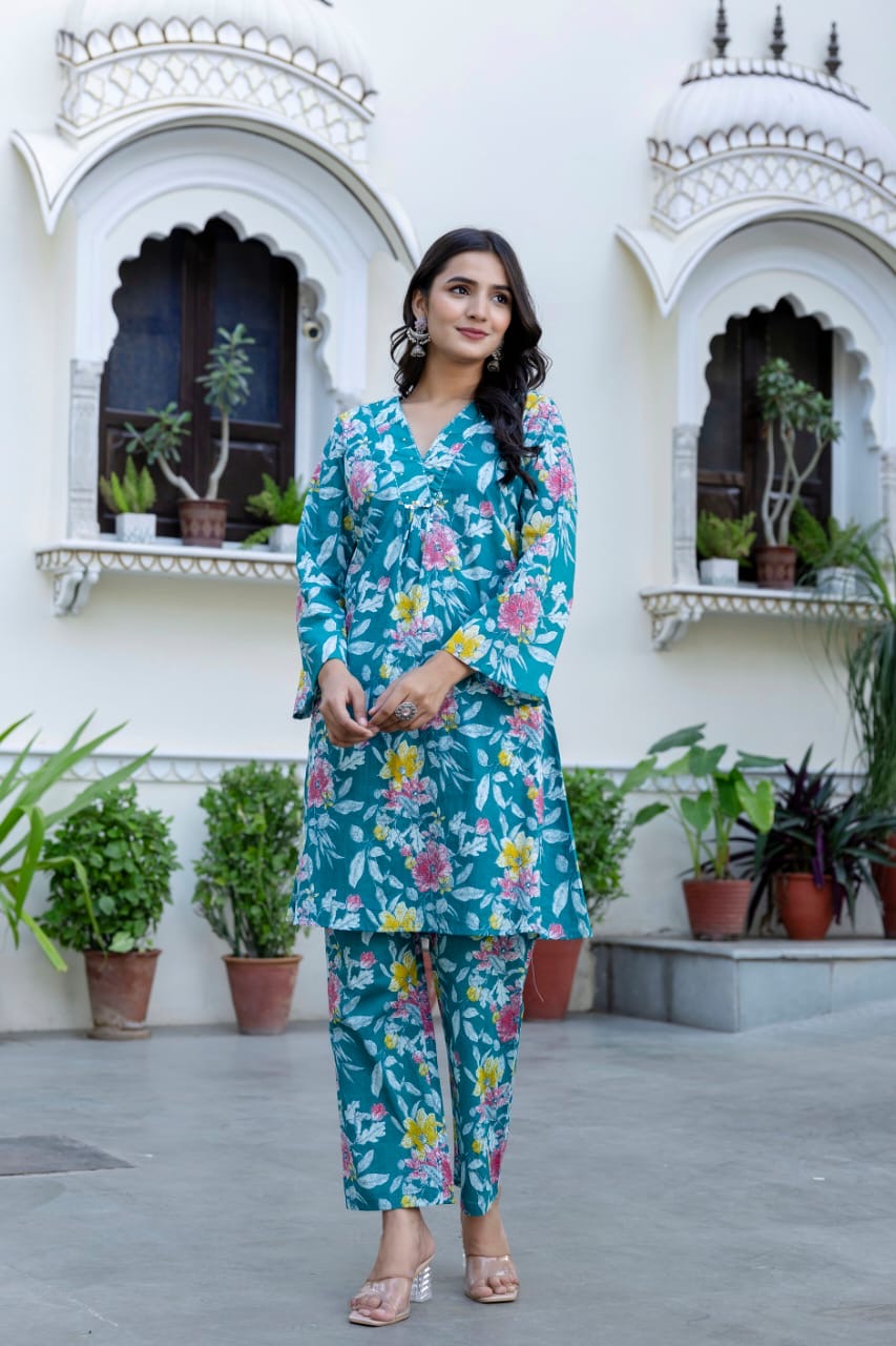 Blue flower print cotton co-ord set