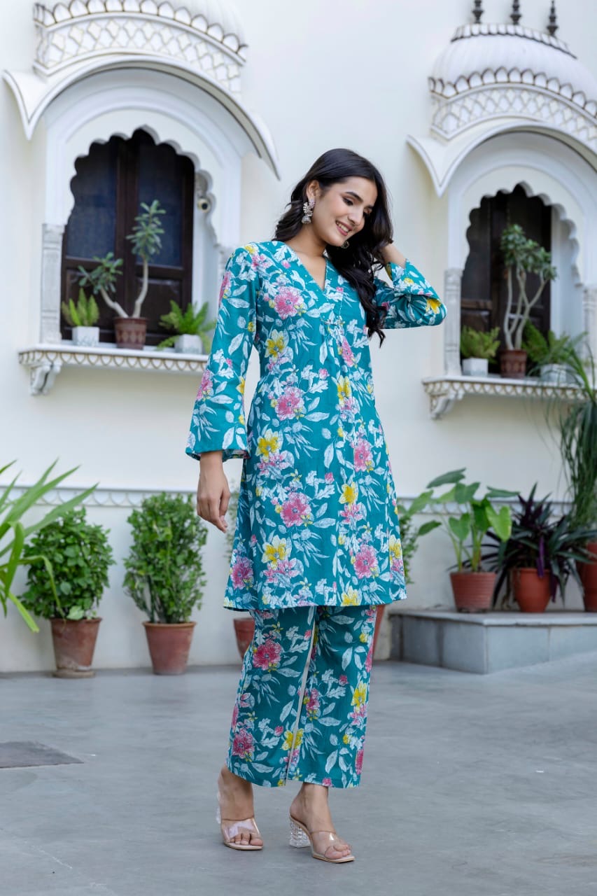 Blue flower print cotton co-ord set