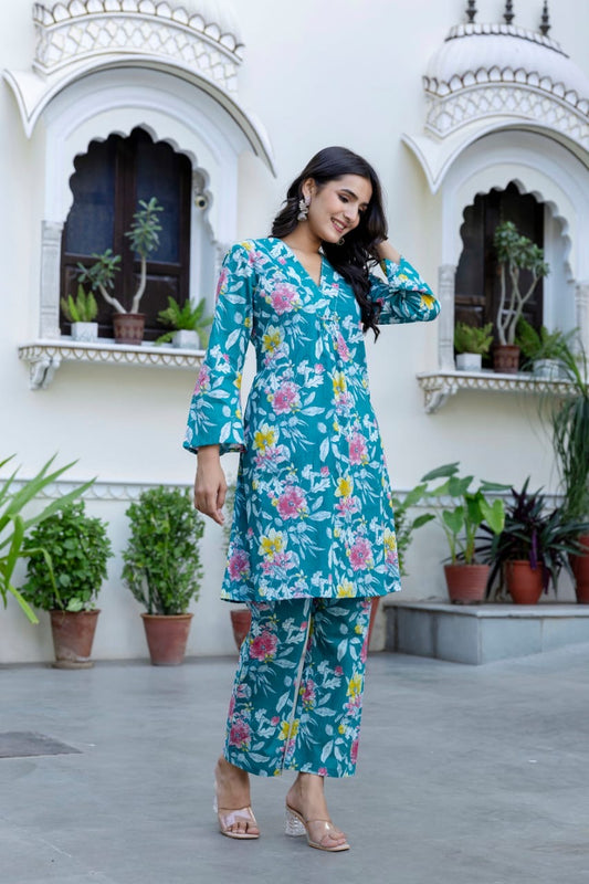 Blue flower print cotton co-ord set